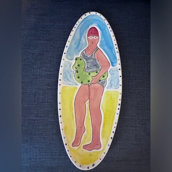 Becky Denny Signed Ceramic Serving Dish Swimmer With Alligator Float 16.2"x6.5" - Picture 1 of 4